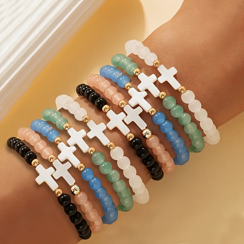 Lot de 10 bracelets bohèmes en perles de verre avec croix – Bracelets élastiques multi-rangs empilables avec accents en zircon et alliage de zinc, bijoux élégants pour le quotidien, les fêtes et les cadeaux