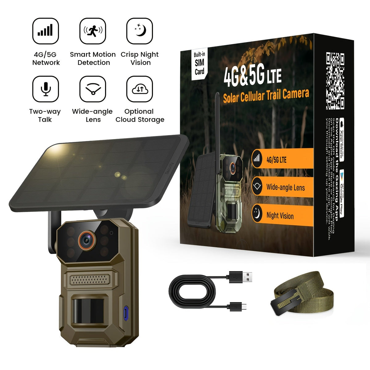 Caméra de chasse solaire 4G LTE 1920P HD – Caméra animalière cellulaire avec capteur de mouvement PIR, vision nocturne infrarouge, audio bidirectionnel, accès à distance, sans Wi-Fi requis, étanchéité IP65, alimentation solaire