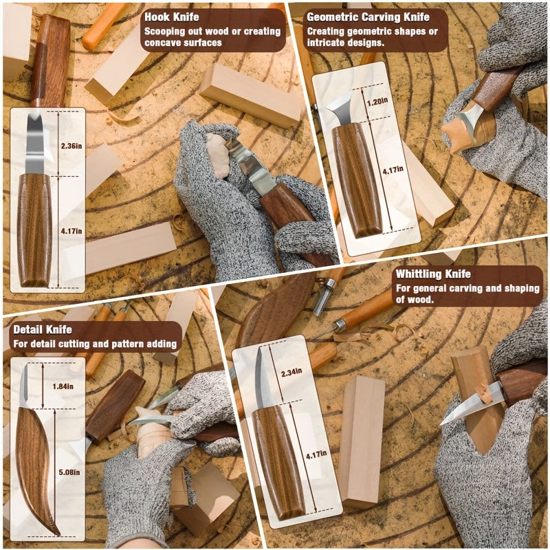Ensemble de couteaux de sculpture sur bois, étui en polyuréthane, kit de 15 à 23 pièces, ciseau, couteau à crochet, couteau de précision, couteau géométrique, gants de sécurité, cuir à rasoir, bloc de tilleul, cadeau d'artisanat