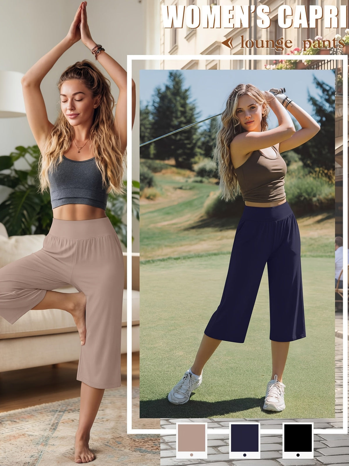 Lot de 3 pantalons Capri pour femme – Pantalons de jogging amples style détente, coupés avec poches et taille élastique, pantalon Capri de yoga pour le printemps, l'été, l'automne et les tenues décontractées du week-end
