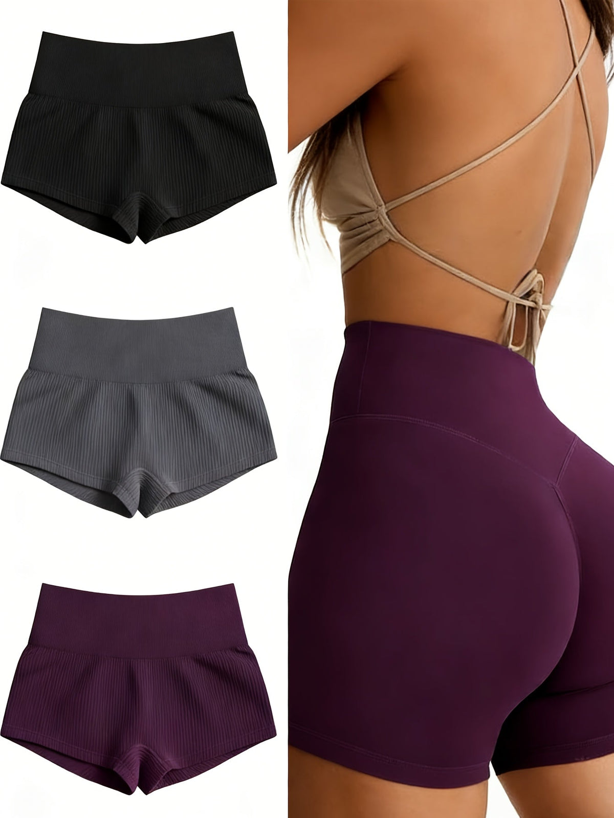 Lot de 3 shorts de yoga sans coutures à taille haute pour femme, shorts de sport extensibles en nylon pour la salle de sport, la course, le vélo, vêtements de sport S-XL