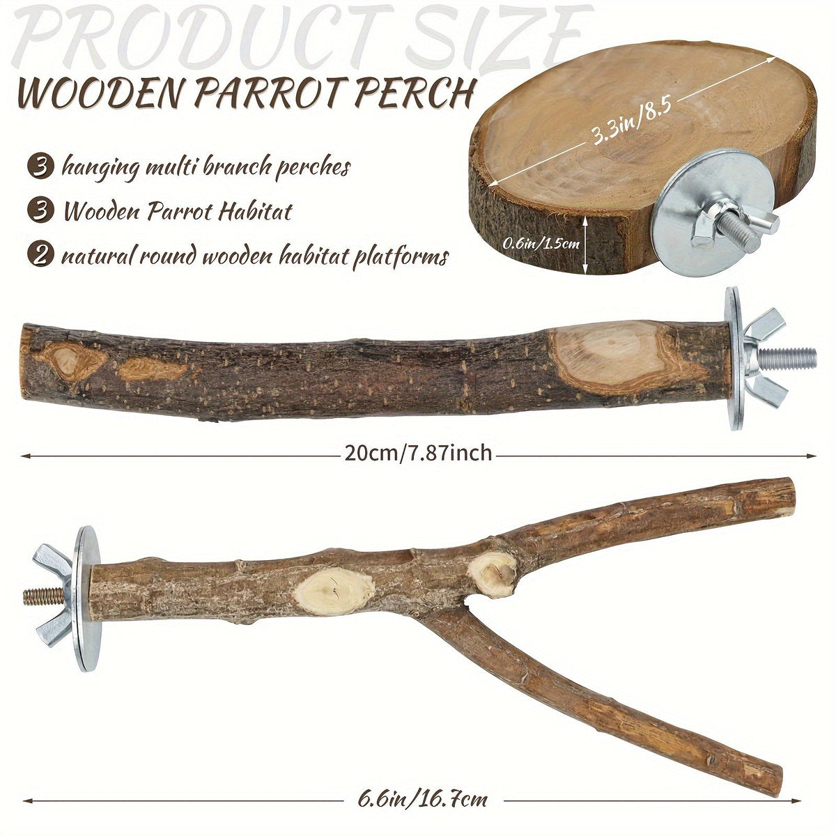 Ensemble de 8 perchoirs en bois naturel pour oiseaux, branche de pommier, support à fourches multi-branches, plateforme suspendue, hamac, balançoire pour aras, conures, perruches, ondulées et pinsons