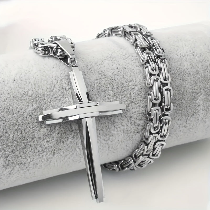 Ensemble collier et bracelet croix en acier inoxydable, bijoux bohème vintage épais pour hommes et femmes, idéal pour le quotidien ou en cadeau