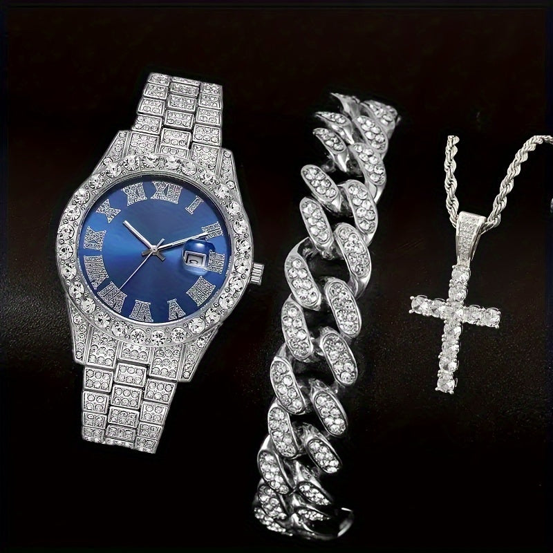 Ensemble cadeau pour homme : montre à quartz avec strass, collier et bracelet, 3 ou 4 pièces – Parure de bijoux avec collier croix pour homme, accessoire de fan de football, cadeau d'anniversaire ou de fêtes, argenté ou doré