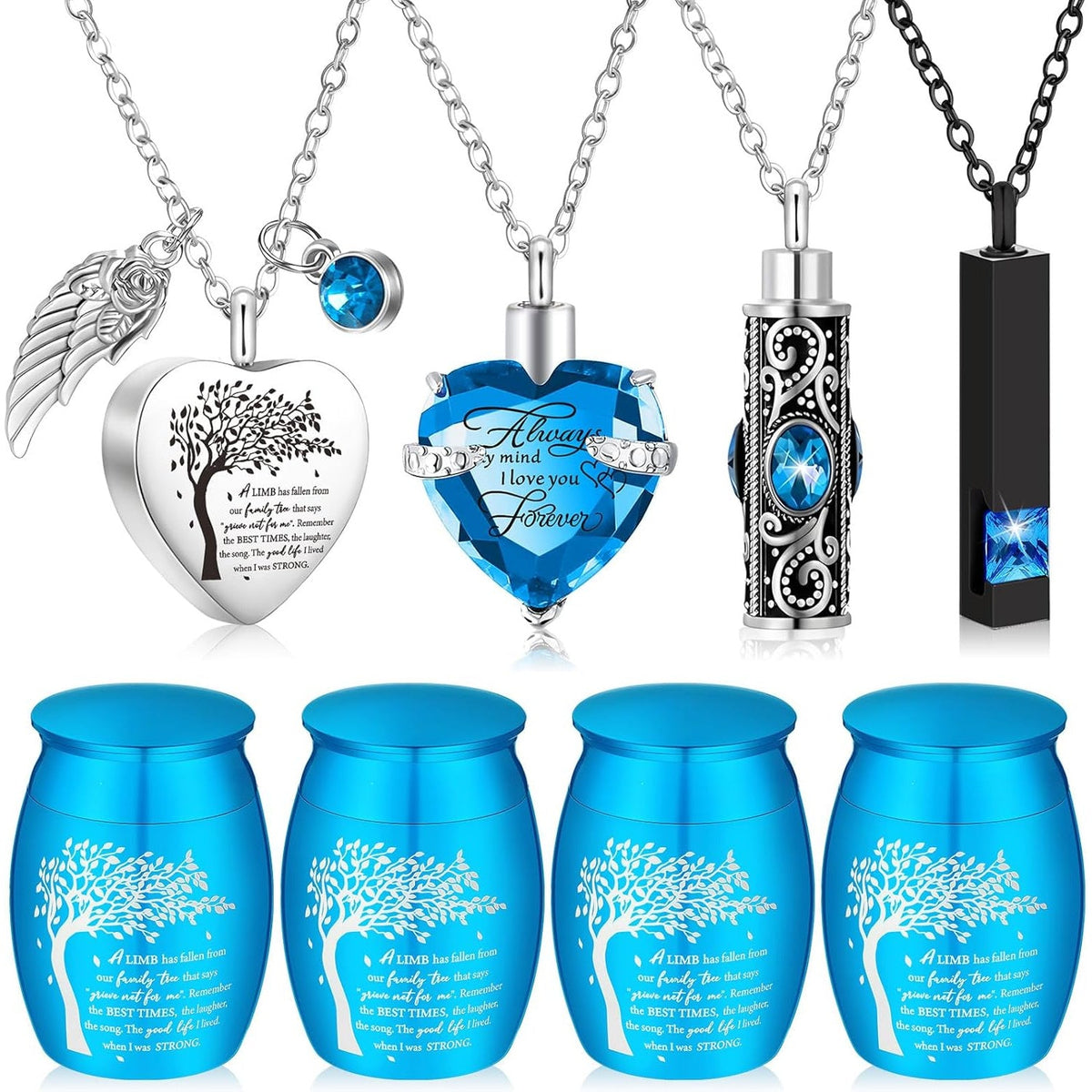 Lot de 8 petites urnes funéraires pour cendres – Ensemble de souvenirs en alliage avec pendentif médaillon en forme de cœur « Arbre de vie » pour hommes et femmes, cadeau commémoratif pour inhumation et crémation, 8 couleurs