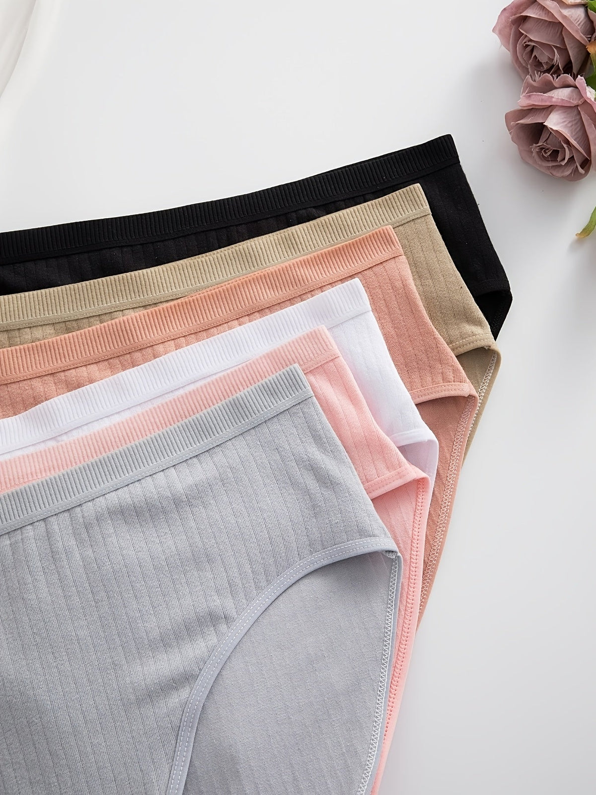 Lot de 6 culottes string côtelées – Sous-vêtements triangulaires pour femmes, doux, respirants et taille mi-haute, texture en maille côtelée, couleurs unies, culottes quotidiennes adaptées à la maternité