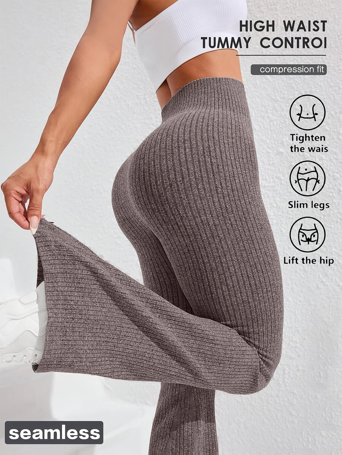 Pantalon évasé taille haute pour femme, gainant, texturé en maille côtelée large, extensible, pour yoga, fitness, course à pied ou décontracté, XS-L, 4 couleurs