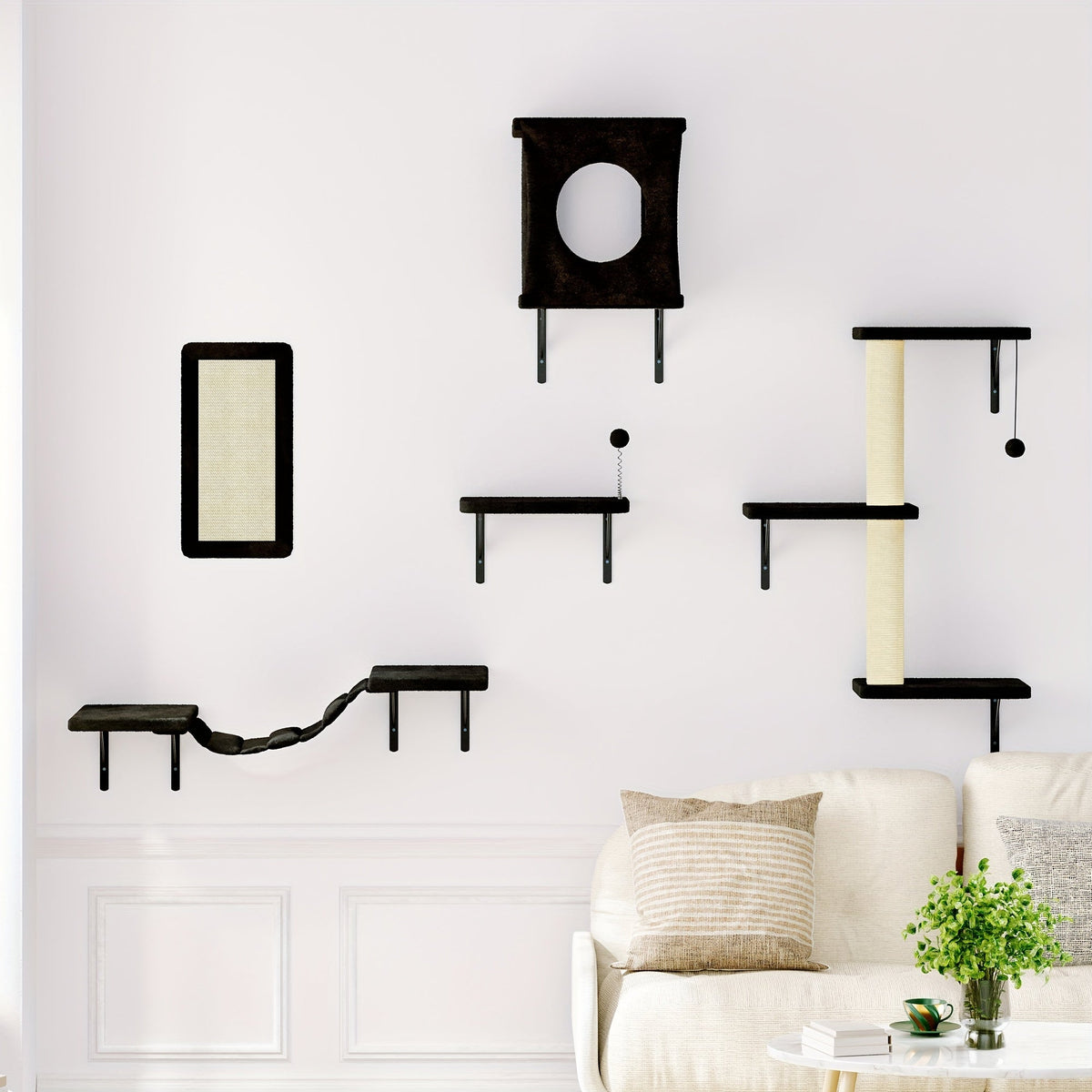 Ensemble de 5 étagères murales pour chats - Perchoir, grimpeur et pont flottants pour chats, mobilier moderne pour chats d'intérieur, alternative à l'arbre à chat avec plateforme de couchage, maison pour chat gain de place
