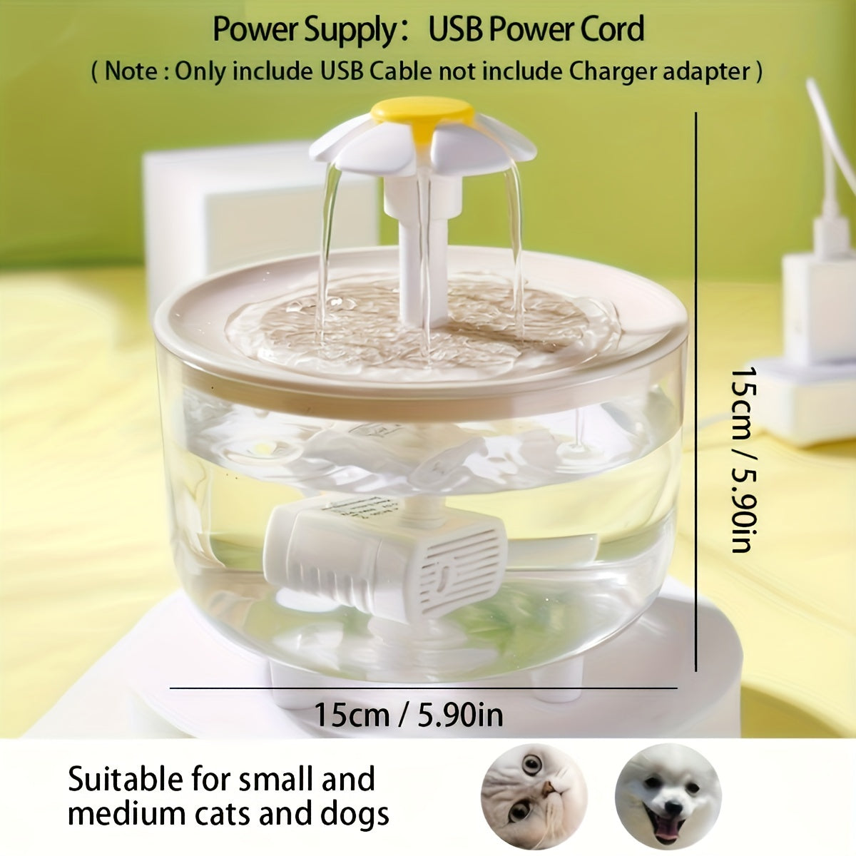 Fontaine à eau pour animaux 1,5 L, silencieuse, alimentée par USB, sans BPA - Fontaine automatique pour chats et petits animaux, facile à nettoyer, sans pile, distributeur d'eau filtrée fraîche en continu