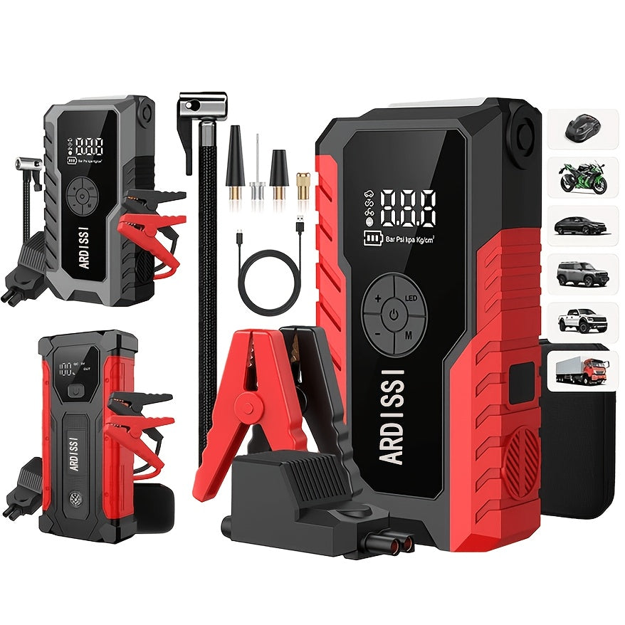 Démarreur de batterie portable 5000A avec compresseur d'air 150 PSI – Booster de batterie tout-en-un 10000mAh, port Type-C, lampe LED pour voitures essence et diesel 12V, camions, SUV et motos