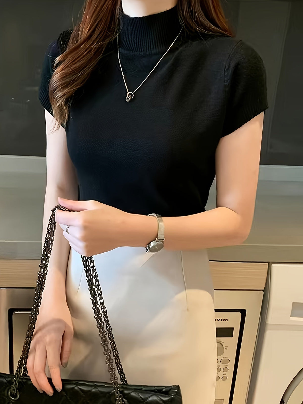 Pull à manches courtes et col montant en fibre glacée pour femme | Haut en maille fine rafraîchissant et léger, tenue décontractée et polyvalente pour l'été