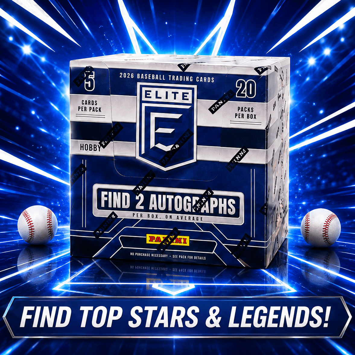 Boîte Hobby Panini Donruss Elite Baseball 2026 – 20 paquets, 2 autographes par boîte, chasse aux Kaboom, cartes memorabilia, légendes et espoirs – Ensemble de collection de cartes de baseball scellé premium
