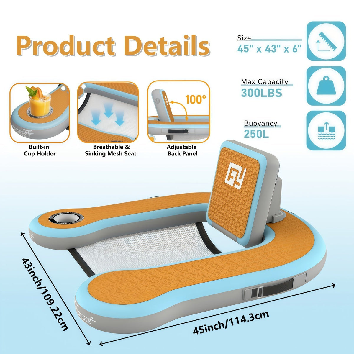 Chaise flottante gonflable pour adulte 114 cm x 61 cm x 15 cm, siège en filet avec mousse souple EVA de 12 mm et porte-gobelet intégré - Matelas flottant pour piscine, lac et bateau, disponible en lot de 1 ou 2 pièces
