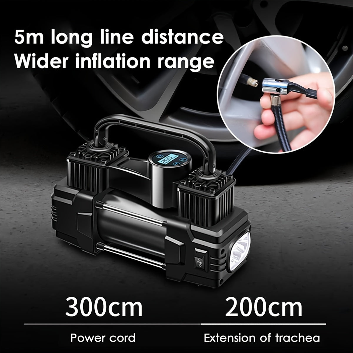 Compresseur d'air portable 12V 150 PSI – Pompe à air automatique à double cylindre avec manomètre numérique LED, arrêt automatique et lampe LED pour voiture, SUV, camion, vélo, ballon de basket et structures gonflables