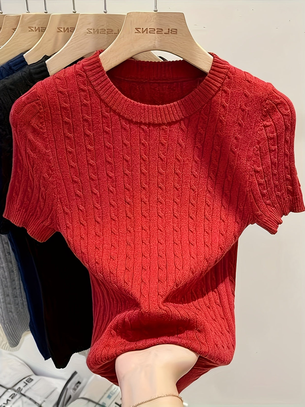 Pull femme en jacquard à manches courtes, chic, tricot torsadé, col rond, ourlet et poignets côtelés, léger, viscose, printemps-été, décontracté, S M L XL XXL