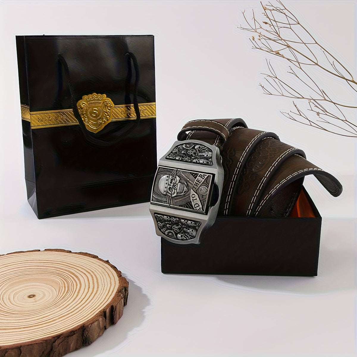 Ceinture de cowboy rétro avec briquet amovible – Ceinture fantaisie à motifs imprimés en relief (tête de mort, aigle, croix et motifs amérindiens), cadeau original pour hommes pour Noël, Thanksgiving et la Saint-Valentin