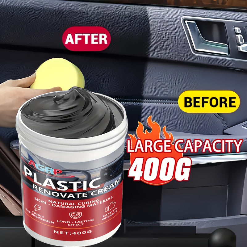 Cire rénovatrice pour plastiques de voiture 400 g – Polish haute brillance résistant aux UV pour tableau de bord, pare-chocs, pneus et garnitures extérieures, pâte de detailing intérieur et extérieur anti-décoloration, séchage rapide non gras