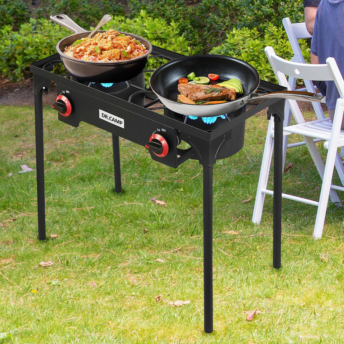 Réchaud de camping portable au propane DR.CAMP – Brûleur en fonte ultra-résistant avec pieds amovibles, options à un ou deux brûleurs, réchaud à gaz haute pression pour le camping, le barbecue, la survie et la cuisine en extérieur