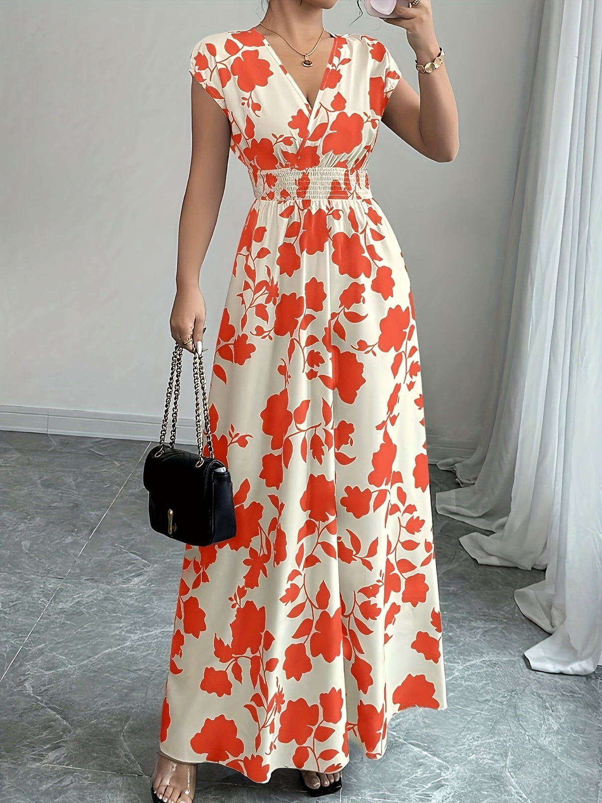 Robe longue florale rose pour femme - Col en V, manches courtes, taille cintrée, coupe trapèze | Robe fluide élégante, décontractée et habillée, pour le printemps et l'automne, nouveauté