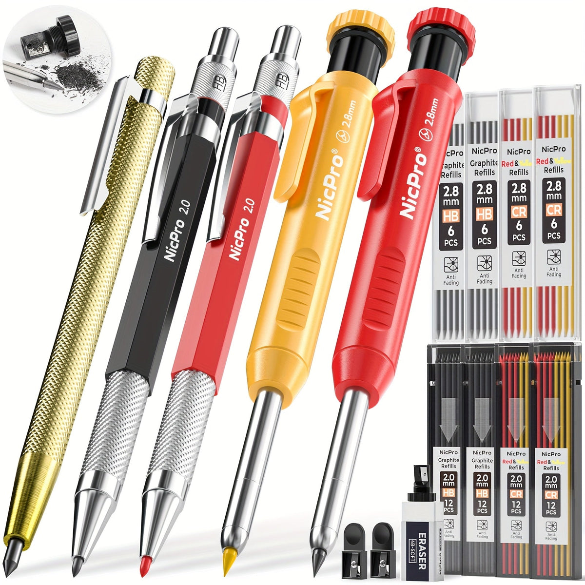 Ensemble de crayons de charpentier avec taille-crayon – Porte-mines avec recharges, pointeau automatique et pointe à tracer au carbure dans un étui robuste, kit de marquage professionnel de 15/16/17/18/27 pièces pour le travail du bois
