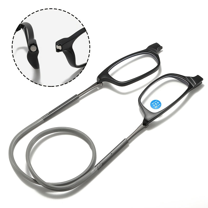 4 paires de lunettes de lecture magnétiques pliables à suspendre au cou pour hommes et femmes – Monture presbyte rétro carrée ultralégère, design télescopique anti-chute portable, puissances de +1,0 à +4,0 pour le port quotidien au bureau
