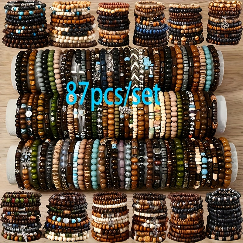 Ensemble de bracelets bohèmes en perles de bois – Bracelets élastiques empilables avec breloques tortue, croix, feuille et plume, couleurs assorties, au choix par 12, 24, 47 ou 87 pièces – Parfait pour un usage quotidien et offrir en cadeau