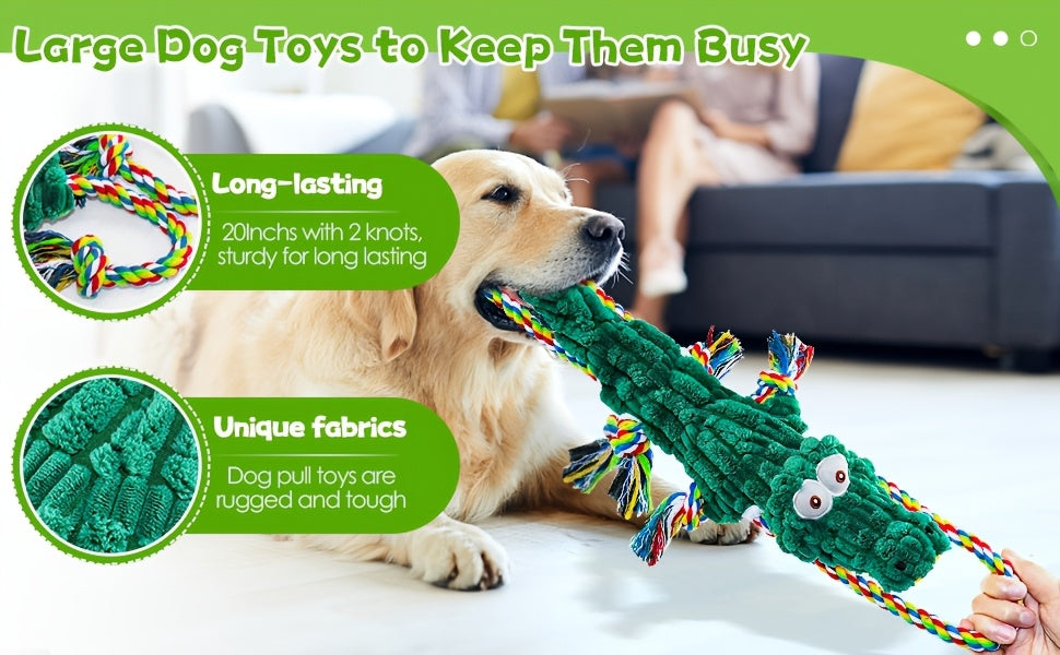 Jouet à mâcher pour chien en forme de crocodile avec couineur intégré – Corde en coton durable et jouet de traction en toile pour chiens de petite, moyenne et grande taille, nettoyage des dents, jeu interactif, adapté aux mâcheurs agressifs
