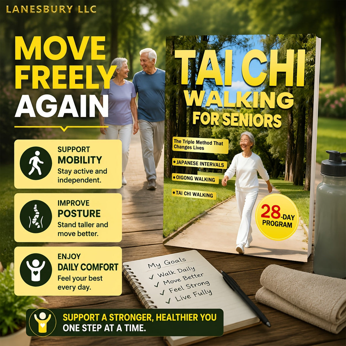 Marche Tai Chi pour les seniors - Perte de poids sans effort et soins doux avec la méthode triple sur 28 jours, intervalles japonais et marche Qigong, guide de fitness à faible impact pour les adultes âgés