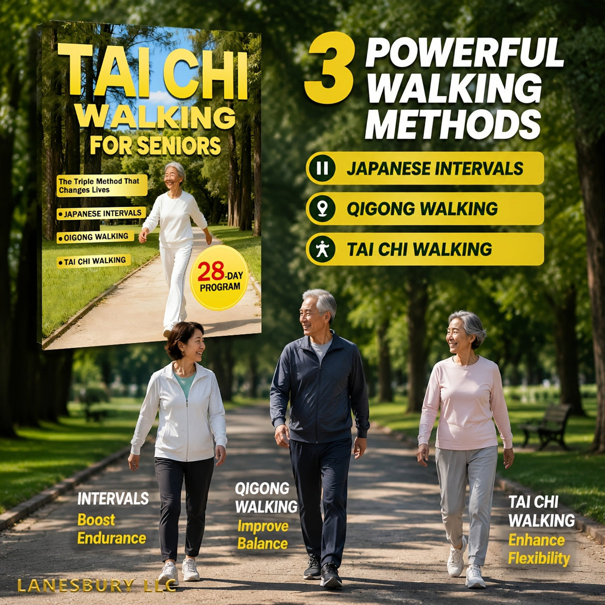 Marche Tai Chi pour les seniors - Perte de poids sans effort et soins doux avec la méthode triple sur 28 jours, intervalles japonais et marche Qigong, guide de fitness à faible impact pour les adultes âgés
