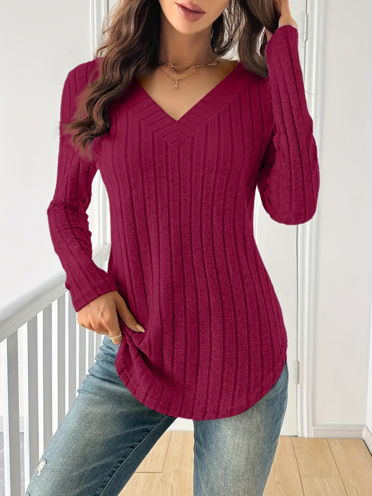 T-shirt à manches longues et col en V pour femme – Haut décontracté en maille côtelée extensible et douce pour le printemps, l'automne et l'hiver | Multicolore S-XXL