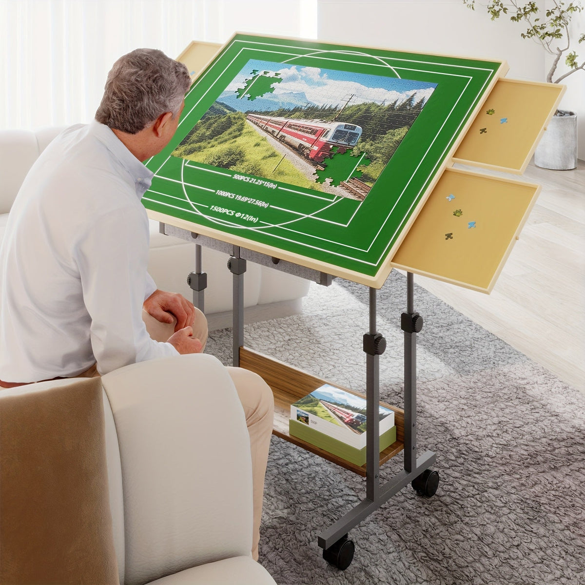 Table à puzzle en bois avec pieds, 6 tiroirs et 4 roulettes - Plateau inclinable à 5 degrés, hauteur réglable, multifonction pour puzzles, échecs et lecture, cadeau de décoration intérieure (35x26" pour 1500 pièces ou 41x30" pour 2000 pièces)