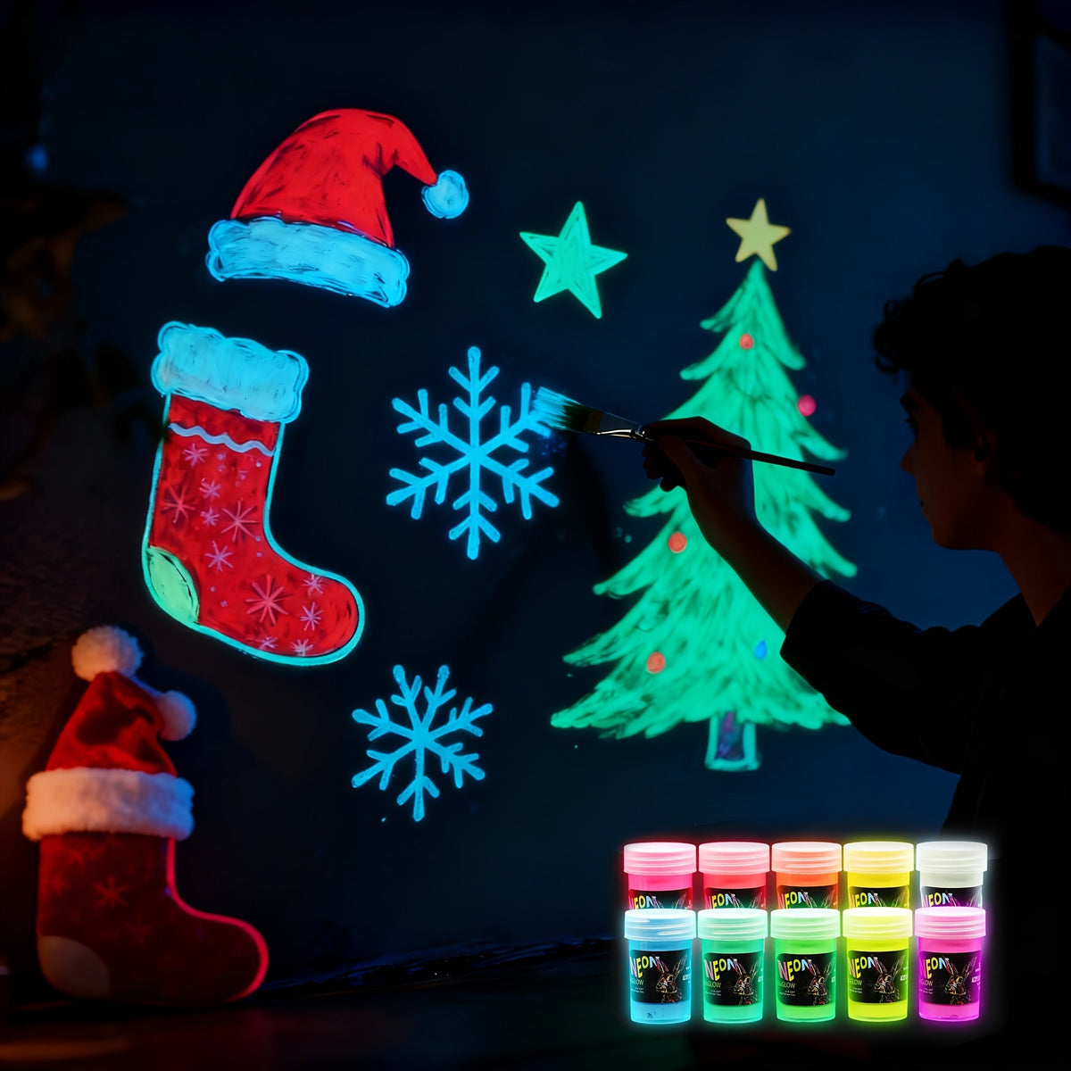 Ensemble de peinture phosphorescente 10 couleurs 22 ml, peinture acrylique néon UV 2-en-1, rechargeable à la lumière et activée par UV, pour peinture sur pierre, toile, travaux manuels, décoration de fête, cadeau de Noël