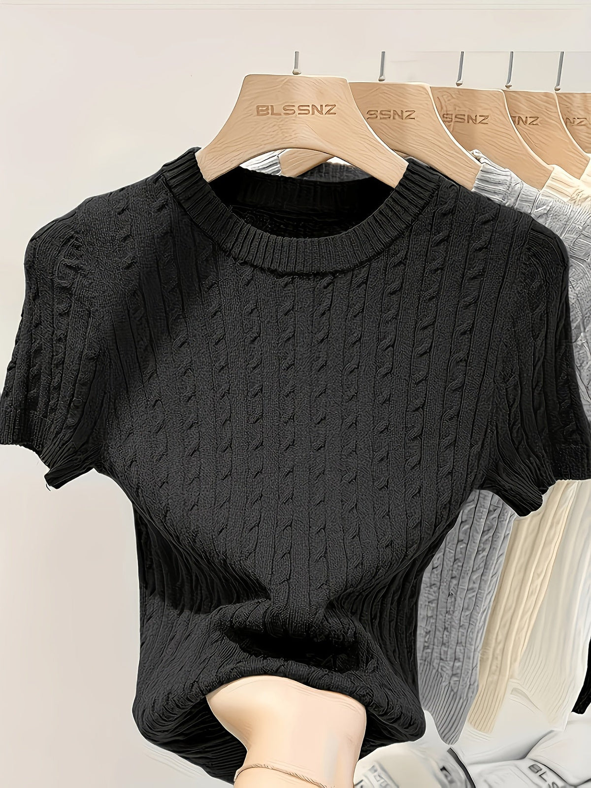 Pull femme en jacquard à manches courtes, chic, tricot torsadé, col rond, ourlet et poignets côtelés, léger, viscose, printemps-été, décontracté, S M L XL XXL