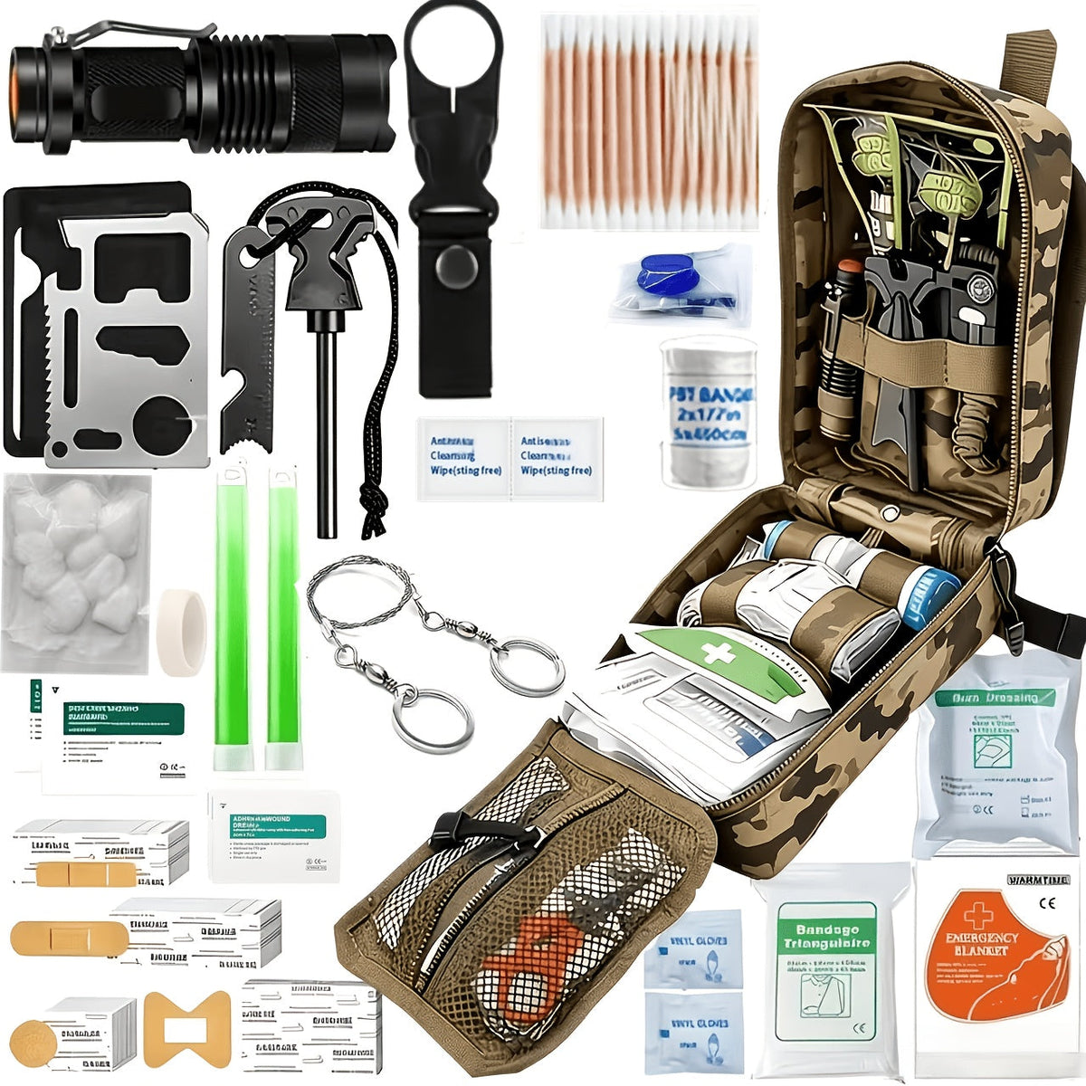 Kit de survie de 242 pièces – Équipement d'urgence en plein air avec allume-feu et trousse de premiers secours pour le camping, la randonnée, les voyages, la voiture et l'école, cadeau pour hommes et femmes, couleurs multiples
