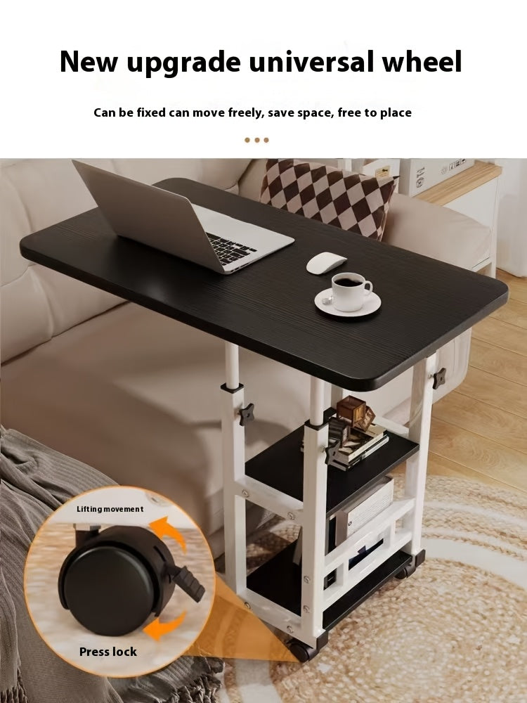 Table pour ordinateur portable réglable en hauteur avec 4 roulettes et double étagère – Bureau poste de travail mobile pour chevet, dortoir, bureau, salon, structure en acier robuste, design gain de place