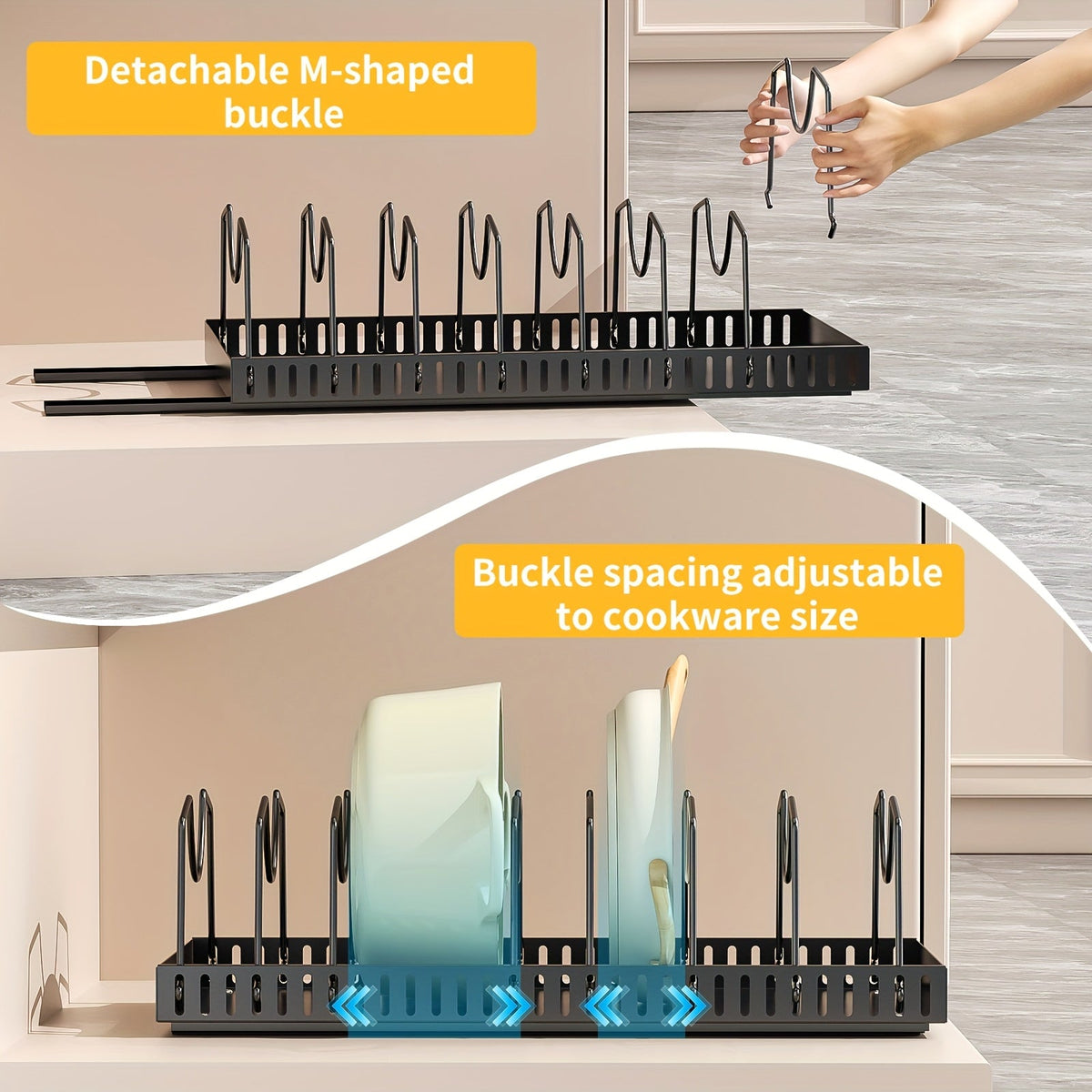 Organisateur de placard coulissant pour casseroles et poêles avec support à couvercles – 8/16 séparateurs réglables, installation sans perçage, rangement coulissant pour couvercles, ustensiles de pâtisserie et assiettes – 1 ou 2 pièces, noir et blanc