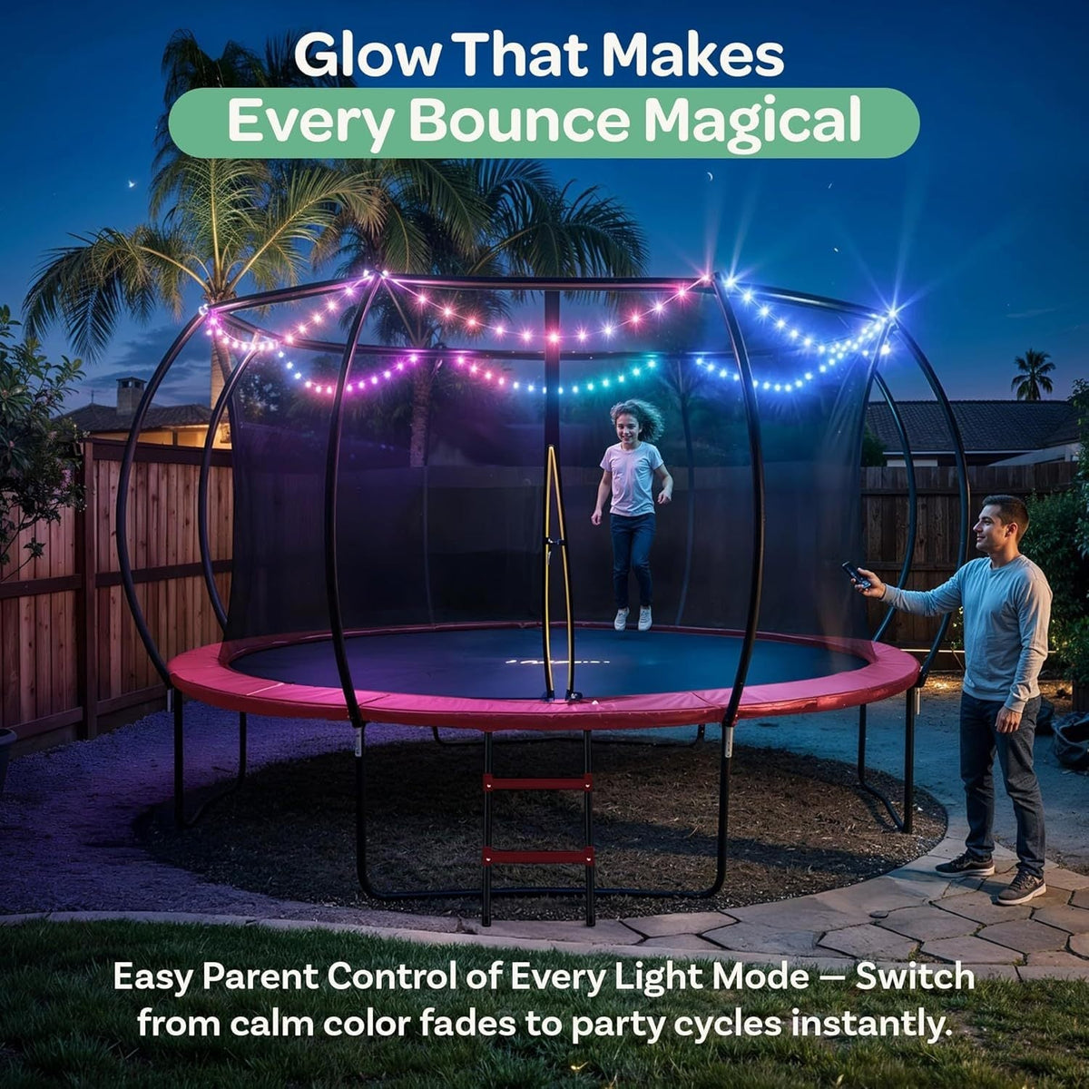 Trampoline d'extérieur JoyBerri avec filet de sécurité - Trampoline de jardin de 8 à 16 pieds pour enfants et adultes, cadre robuste antirouille, lumières LED, arroseur et échelle inclus | Cadeau de remise en forme amusant pour toute la famille