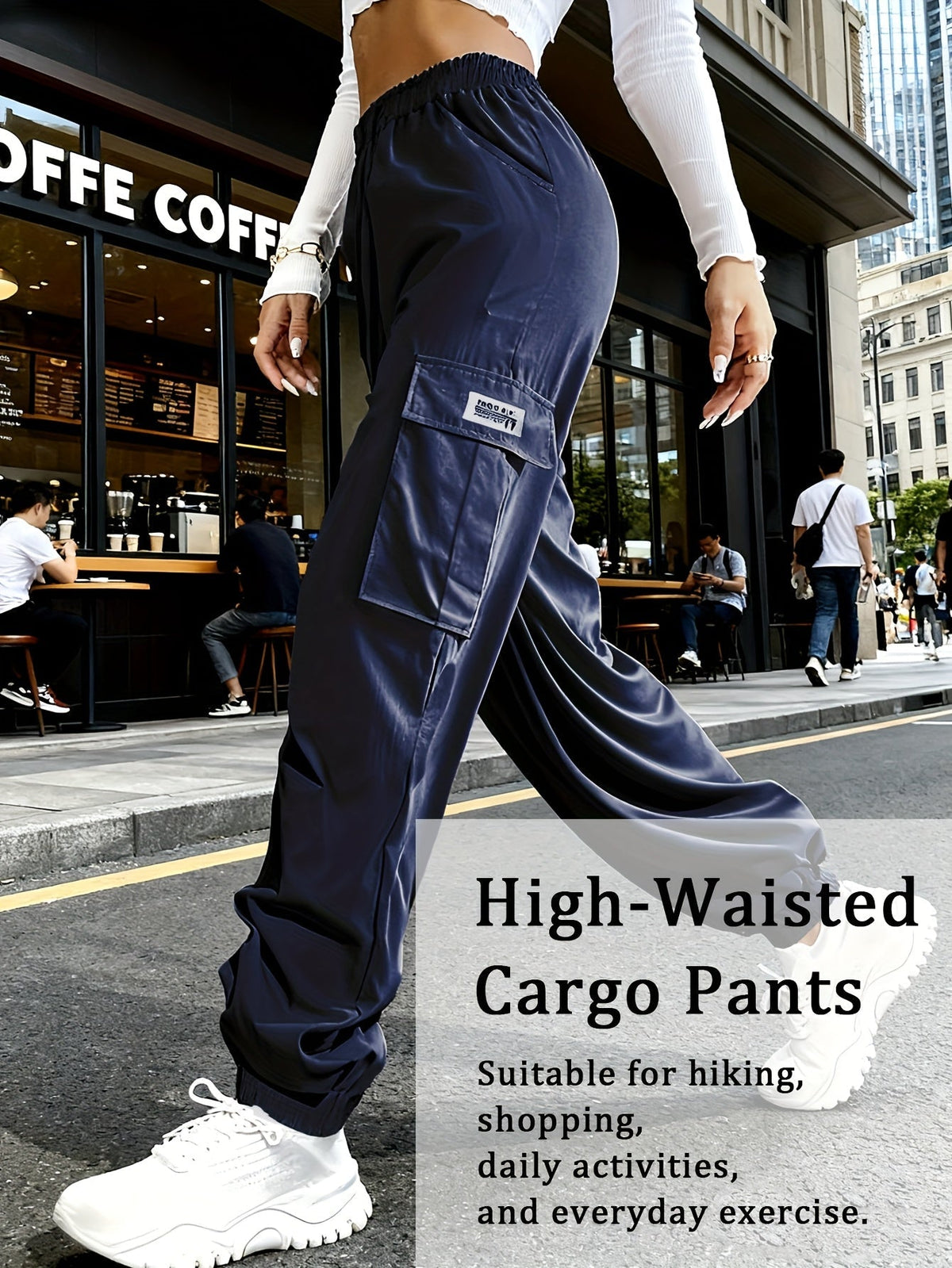 Pantalon cargo pour femme avec poches zippées – Taille élastique à cordon de serrage, grandes poches, pantalon décontracté pour l'extérieur, noir, gris, vert, bleu, XS-XXL