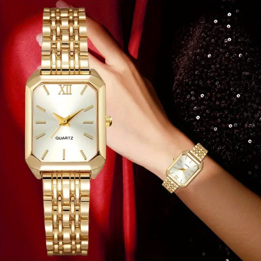 Ensemble montre à quartz et bijoux 5 pièces doré pour femme – Montre à cadran carré avec collier, boucles d'oreilles et bague assortis, ensemble cadeau élégant pour fêtes, mariages et occasions spéciales, 3 couleurs