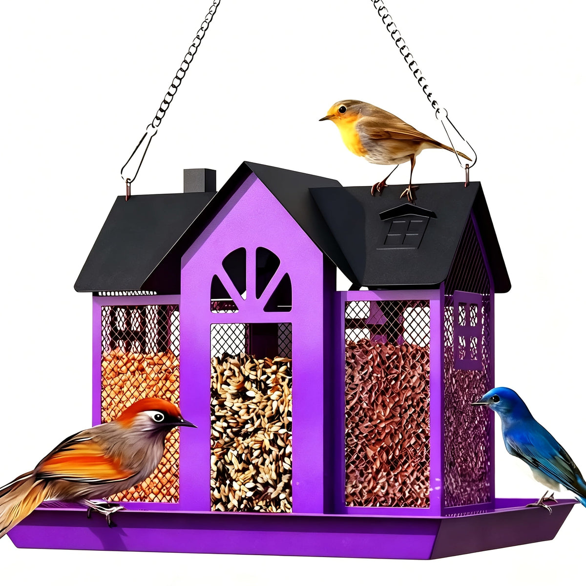Mangeoire à oiseaux sauvage résistante aux écureuils pour extérieur – Mangeoire suspendue à grande capacité en maille métallique à 3 compartiments, résistante aux intempéries, pour cardinaux, pinsons et oiseaux de jardin, plusieurs couleurs