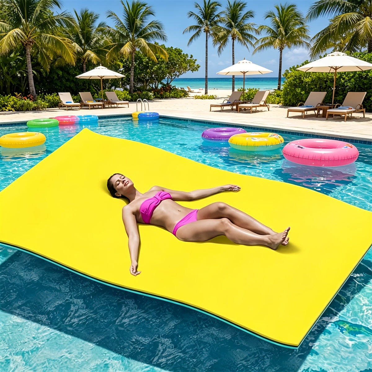 Tapis flottant pour lac 11 pi et 19,8 pi – Lily Pad flottant en mousse XPE indéchirable à 3 couches pour adultes, tapis flottant portable et enroulable pour la natation, la détente et les loisirs aquatiques