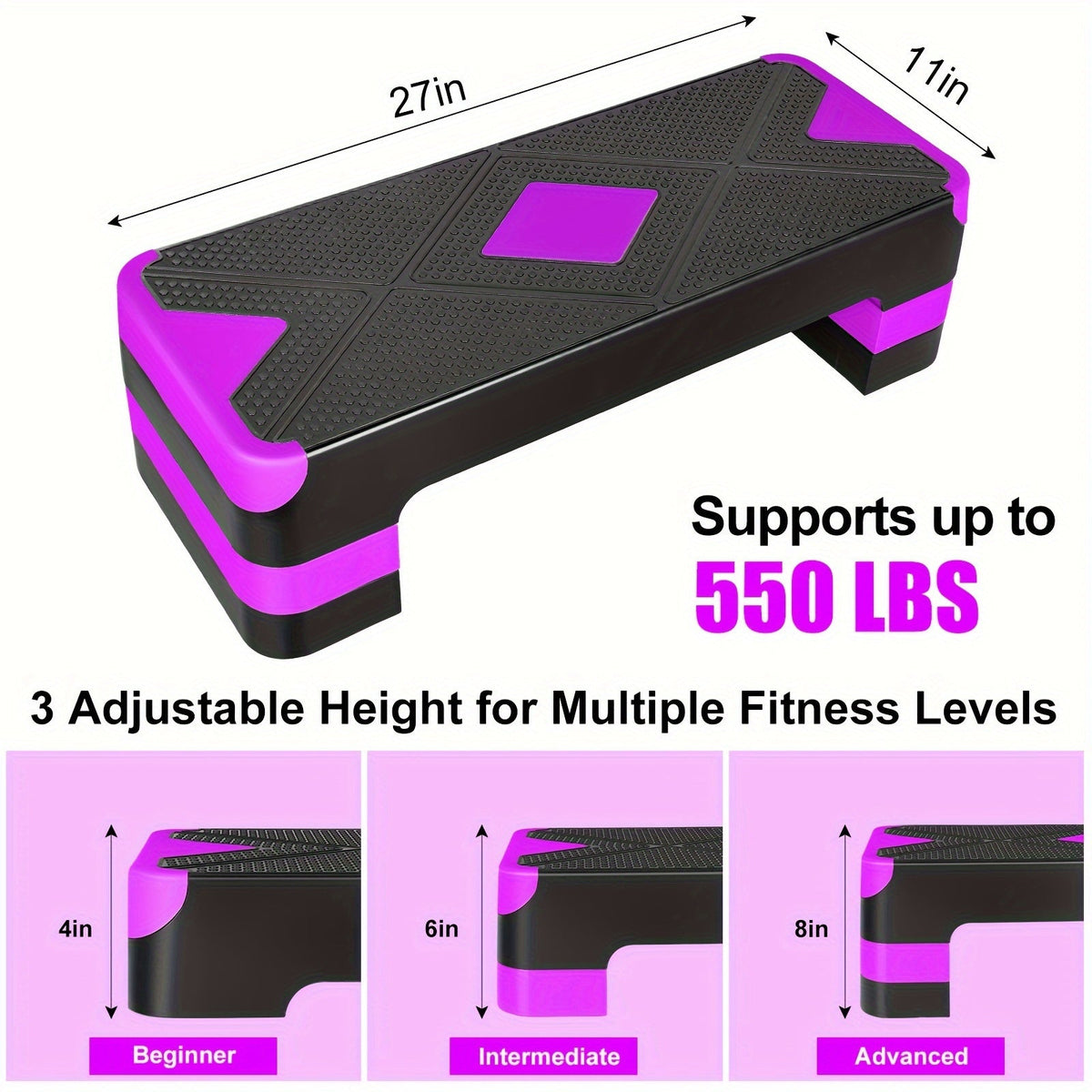 Plateforme de step aérobic réglable – 3 niveaux de hauteur (10/15/20 cm), stepper antidérapant pour entraînement cardio à domicile, planche d'exercice de step aérobic (6 couleurs)