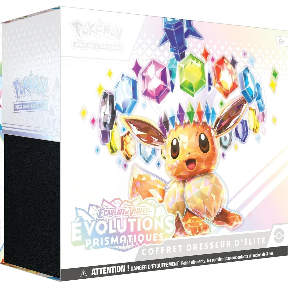 Coffret Dresseur d'Élite JCC Pokémon Écarlate et Violet Évolutions Prismatiques 100 % authentique, 9 boosters, carte promo brillante Évoli, 65 protège-cartes, cartes Énergie, dés, boîte de collection
