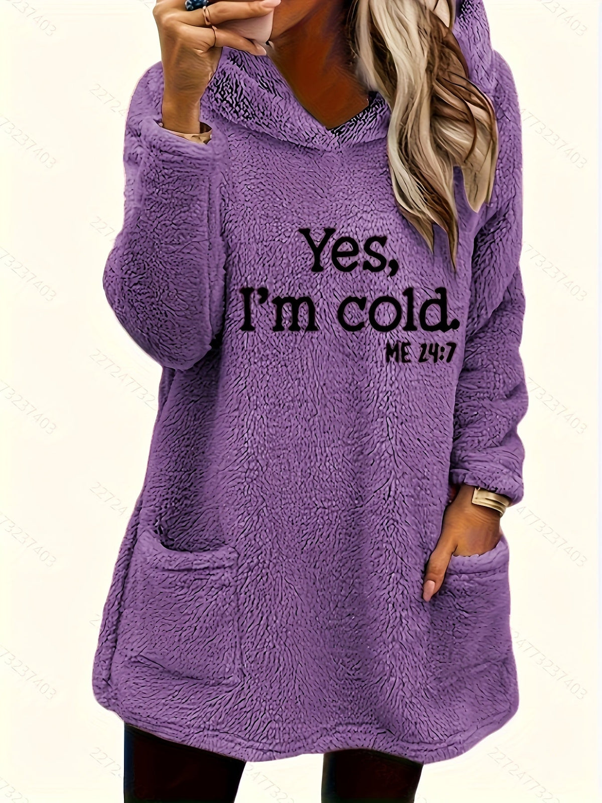 Women's "Yes I'm Cold" Teddy Bear Graphic Hooded Sweatshirt – Cozy Fleece-Lined Pullover Hoodie Double Pocket Long Sleeve 100% Polyester Fall Winter Casual Top
