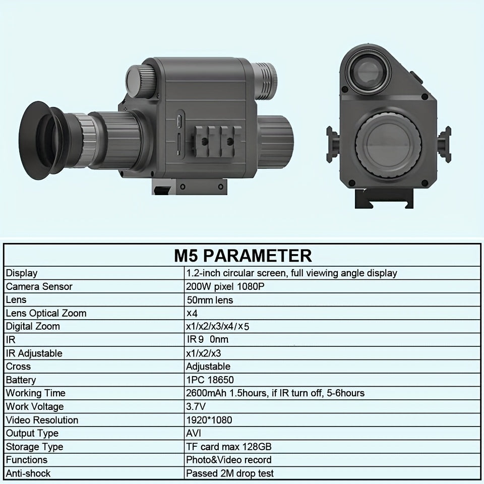 Monoculaire de vision nocturne numérique, zoom 5x, portée 300 m – Infrarouge 940 nm, objectif 50 mm, photo et vidéo HD 1080P, lunette en alliage d'aluminium avec 2 batteries rechargeables pour la chasse, la pêche, le camping et l'observation de la faune