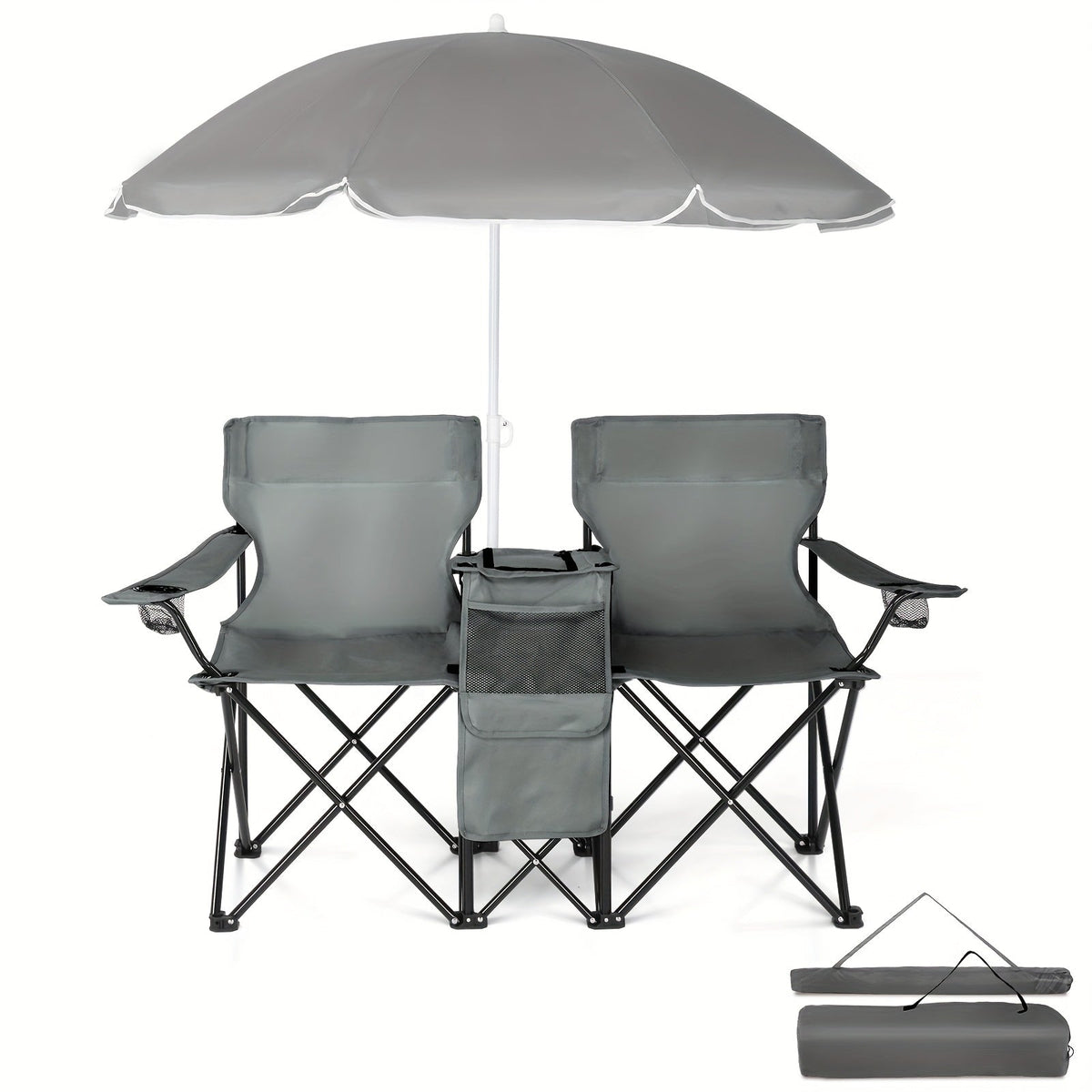 Chaise pliante d'extérieur pour 2 personnes avec parasol amovible – Canapé de camping portable avec accoudoirs pour la pêche, la plage, le bronzage et le pique-nique