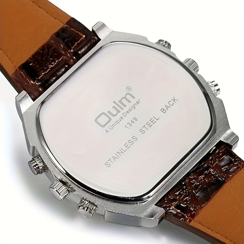 Montre à quartz pour homme à double fuseau horaire et grand cadran – Bracelet en similicuir, aiguilles lumineuses, boîtier en acier inoxydable, montre-bracelet sport décontractée pour homme, cadeau idéal