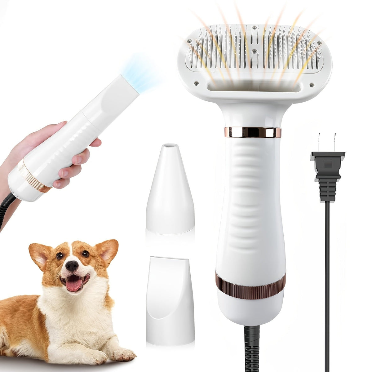 Sèche-poils pour animaux 2-en-1 avec brosse carde autonettoyante – Séchoir de toilettage portable pour chiens et chats, 3 réglages de température, silencieux, poils en acier inoxydable, outil de toilettage pour la maison et les voyages