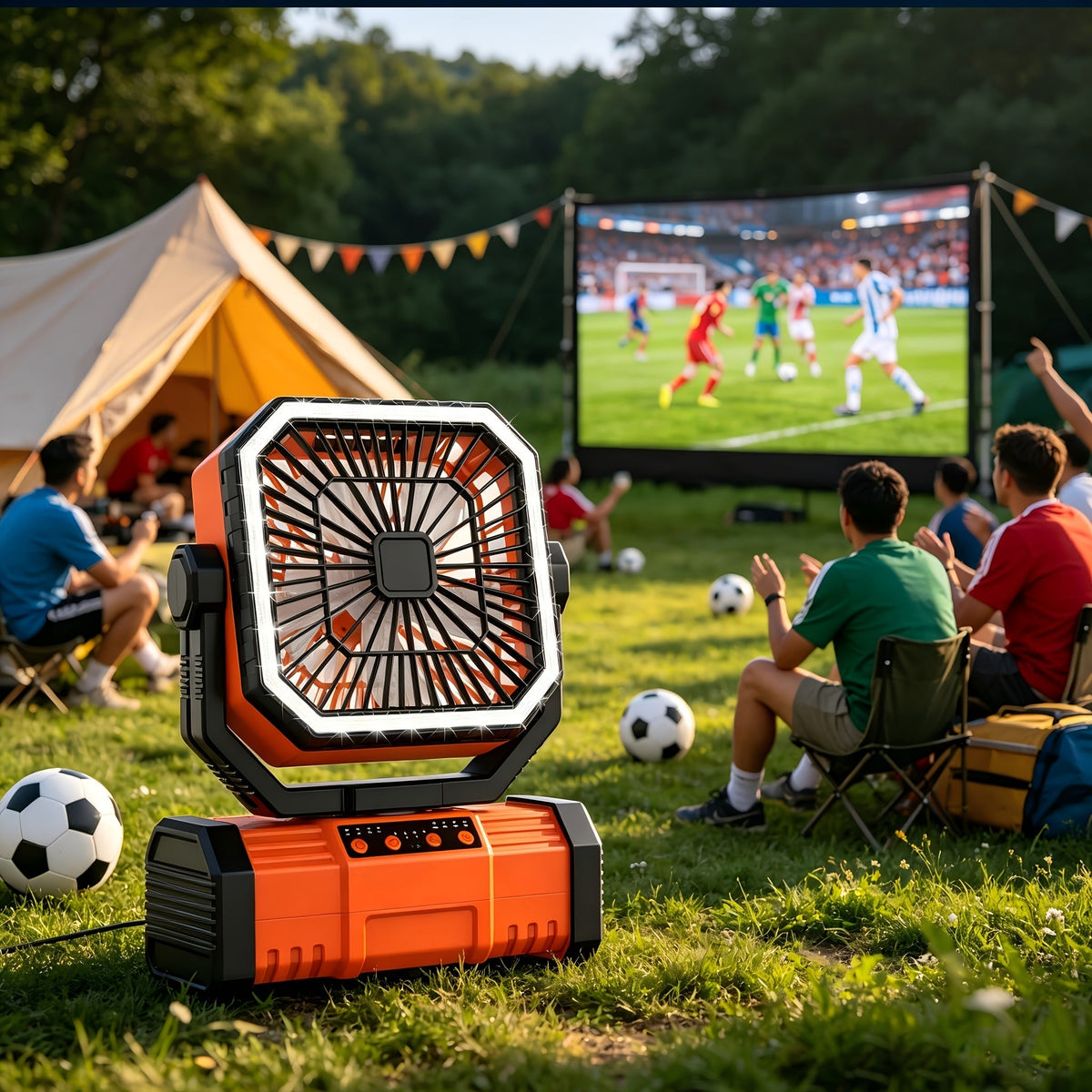 Ventilateur de camping portable 20 000 mAh avec télécommande, lumières LED, 4 vitesses et rotation à 360° – Ventilateur oscillant rechargeable sur batterie pour camping en plein air, camping-car et voyage