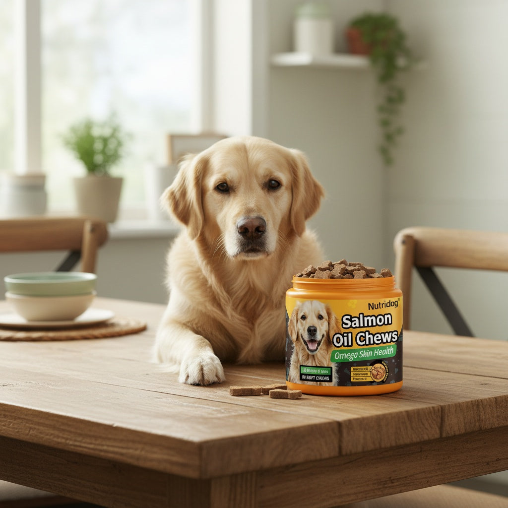 Complément nutritionnel pour chiens en bouchées tendres, 90 unités, aux probiotiques et huile de saumon, goût poulet - Soutient la santé du pelage, la santé intestinale et l'immunité pour les chiens de tous âges, 225 g
